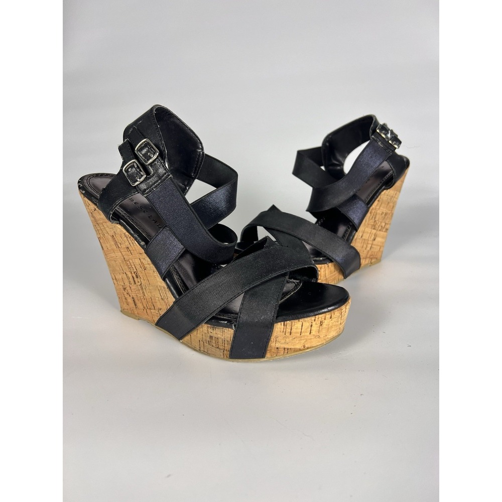 Chinese Laundry Destinee Cork Wedge Sandals Black Strappy Platform Heels 9M